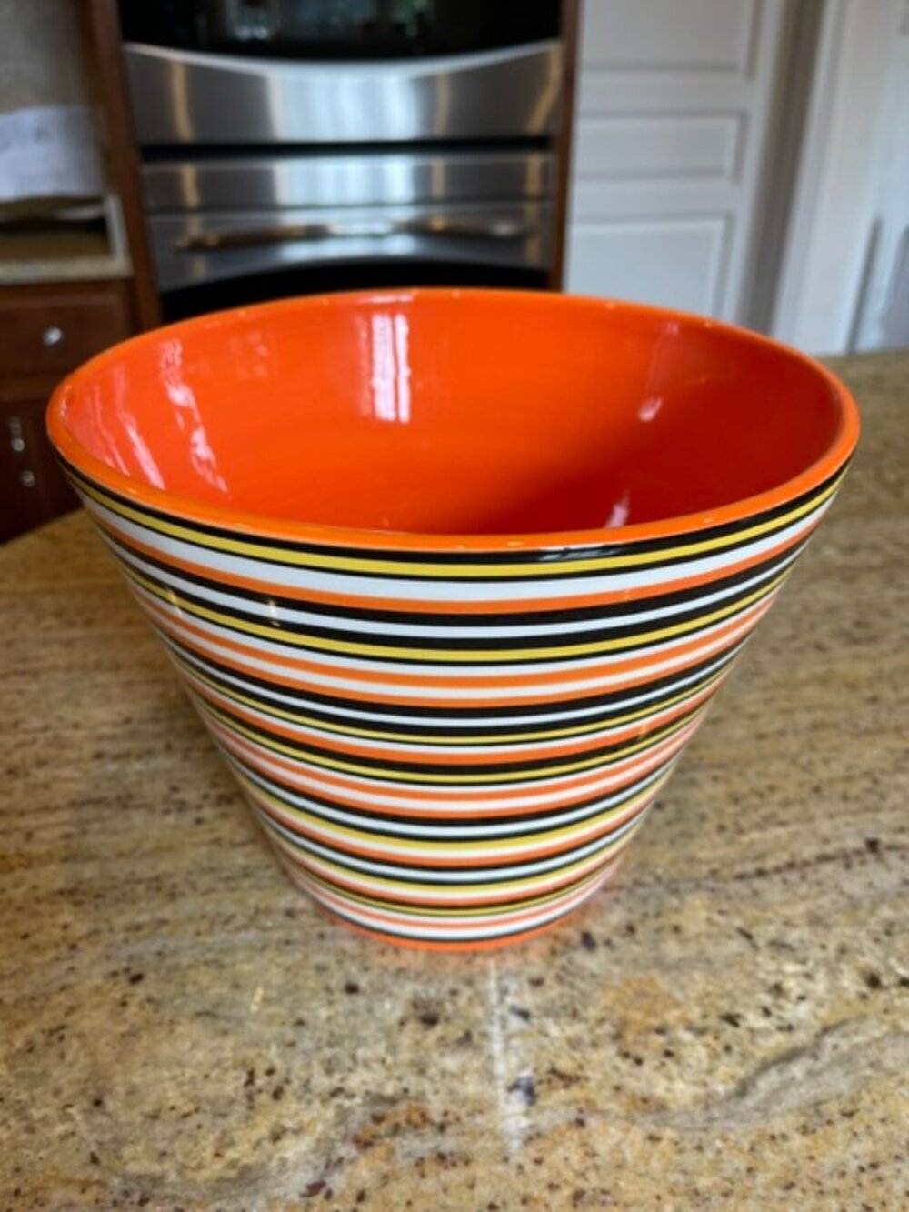 Crate & Barrel Ceramic Orange Yellow Black Striped Bowl Treat Bucket Halloween
